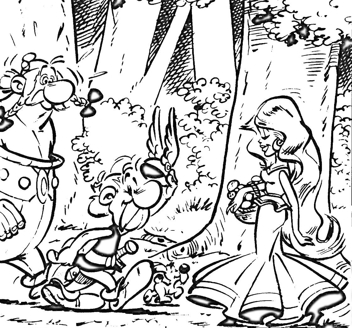 Раскраска Астерикс и Обеликс в лесу с женщиной в длинном платье