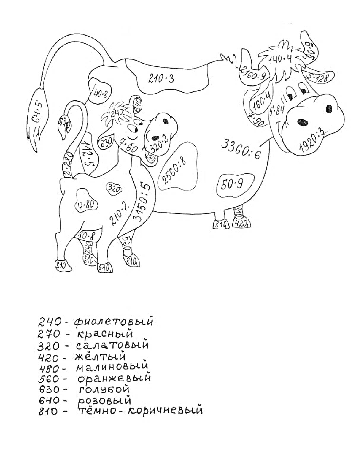 На раскраске изображено: Умножение, Деление, 3 класс, Корова, Теленок, Математика, Примеры, Обучение
