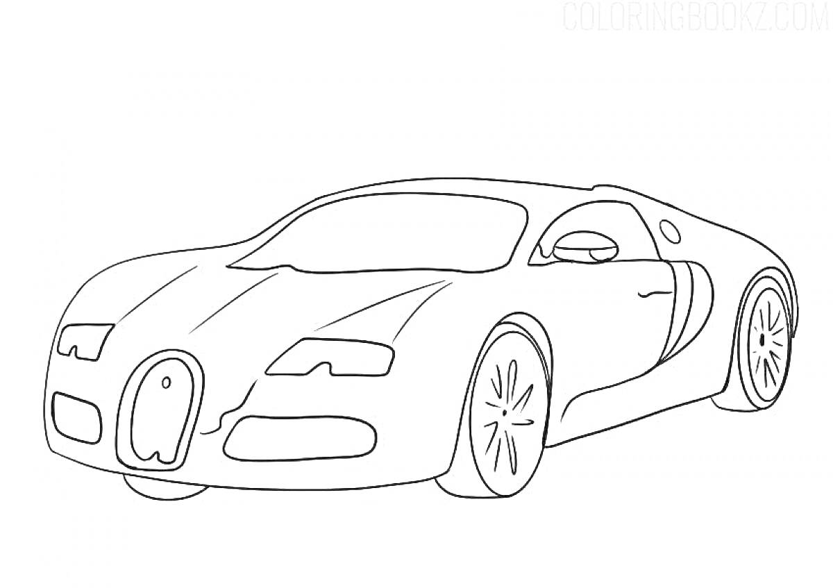 Раскраска Бугани Вейрон с фарами, передним бампером, дверным зеркалом и колесами