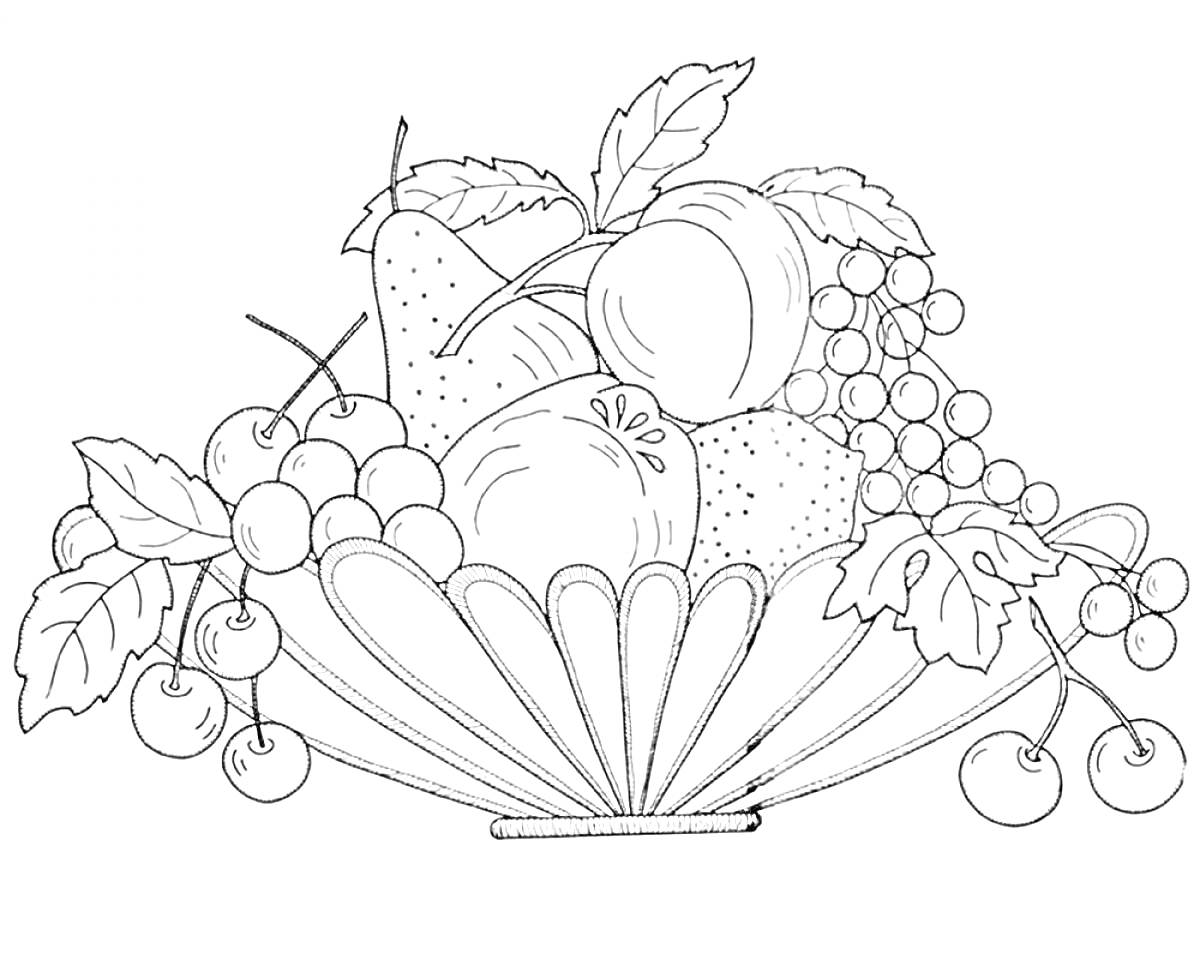 На раскраске изображено: Растения, Фрукты, Корзина, Груши, Апельсин, Виноград, Яблоко, Вишня