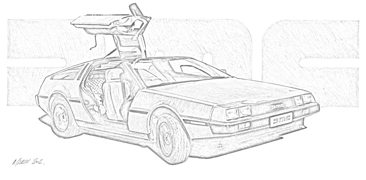 Раскраска DeLorean с открытой дверью на фоне логотипа DMC