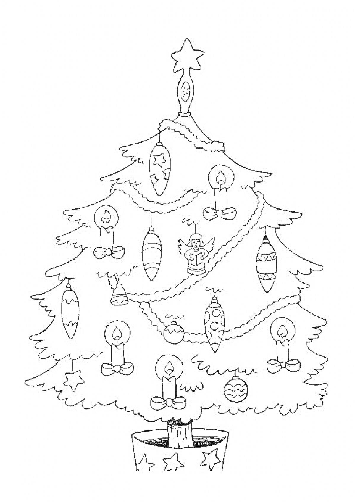 На раскраске изображено: Игрушки, Свечи, Новогодняя елка, Украшения, Рождество