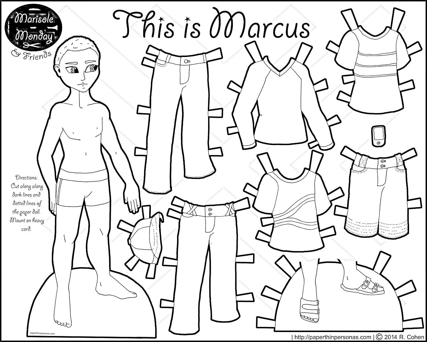 На раскраске изображено: Бумажная кукла, Мальчик, Одежда, Водолазка, Шорты, Джинсы, Сандалии, Одежда для мальчиков