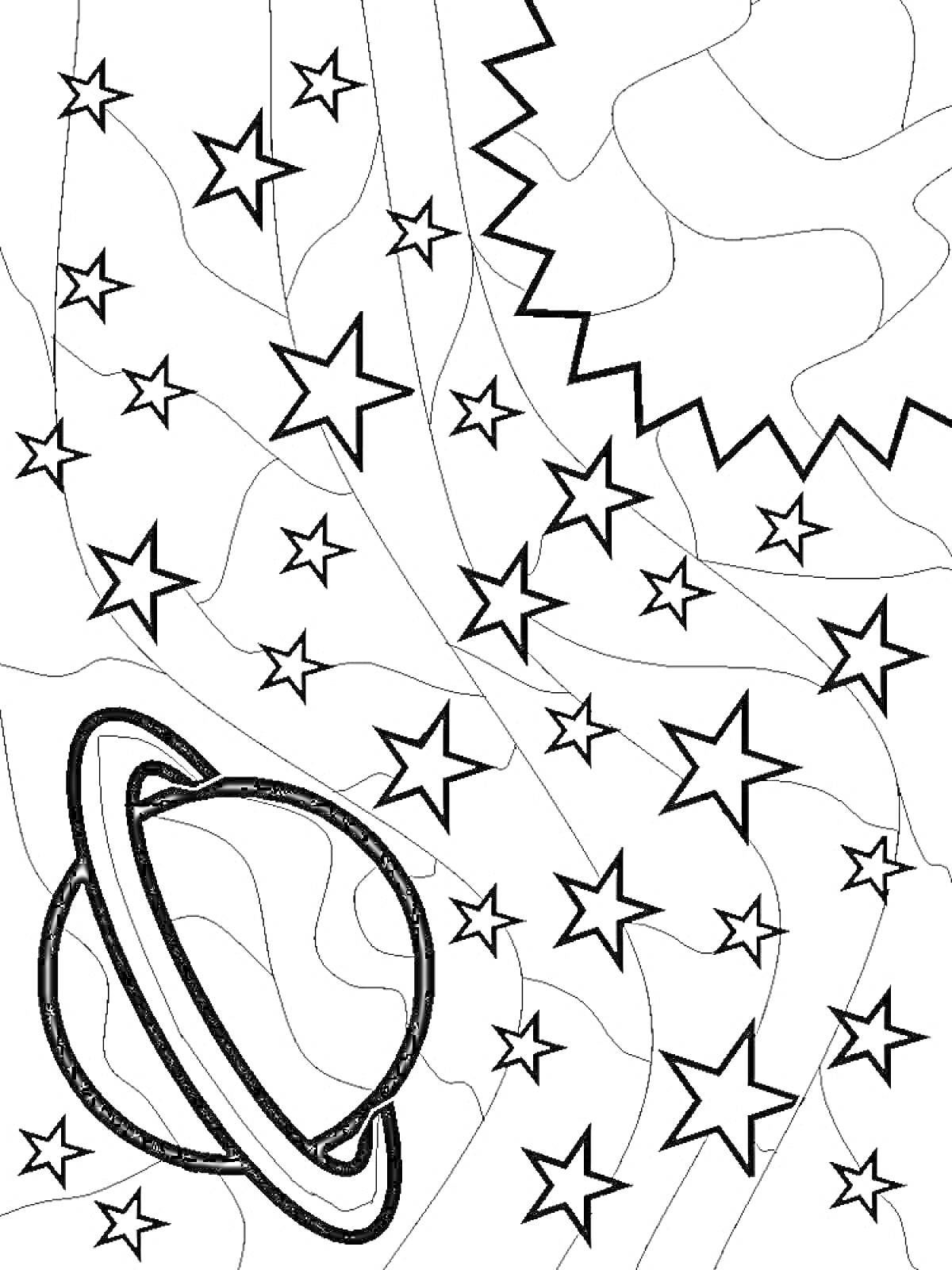 Раскраска Космос с планетой, звездами и узором, напоминающим Солнце
