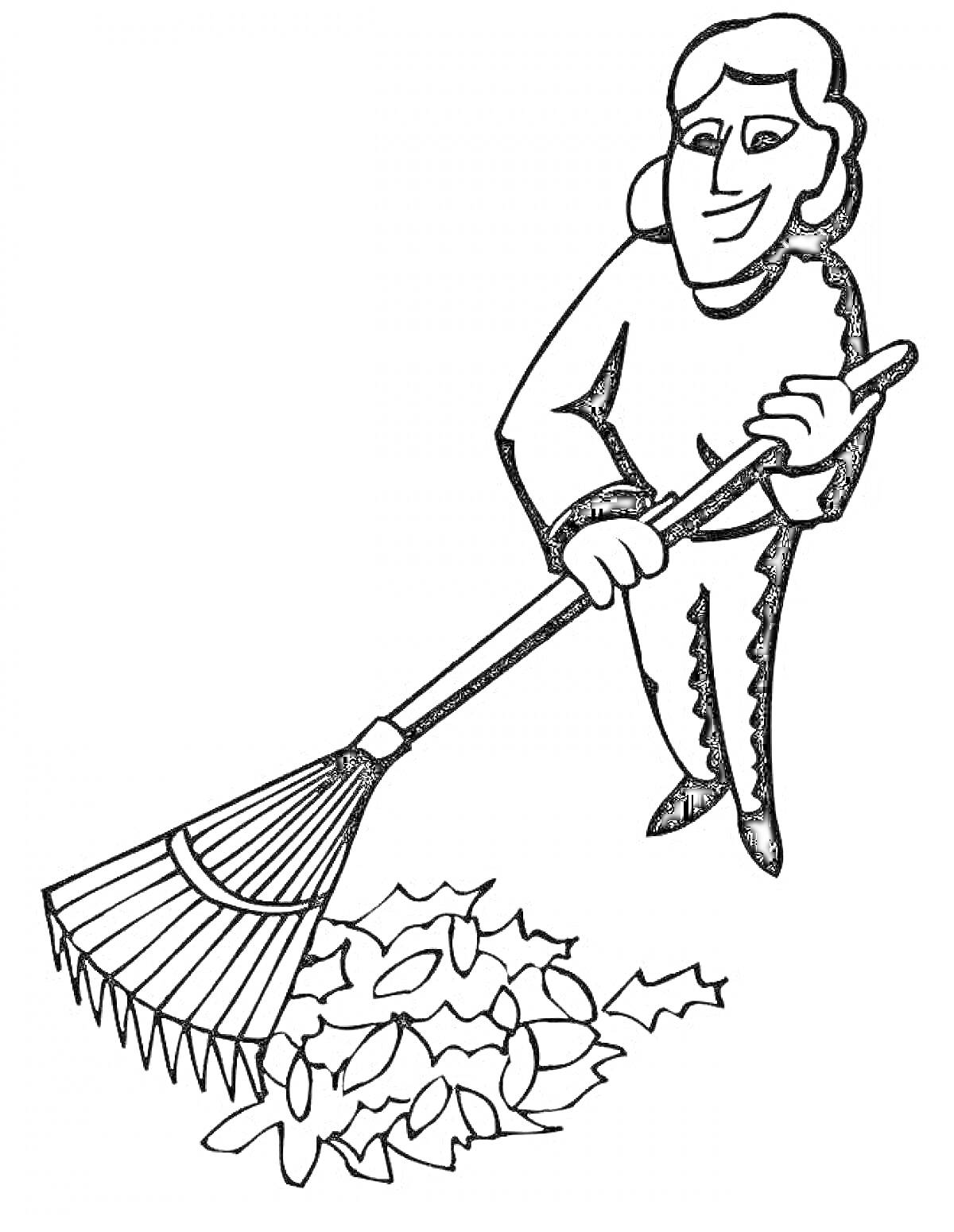 Раскраска Человек с граблями убирает листья