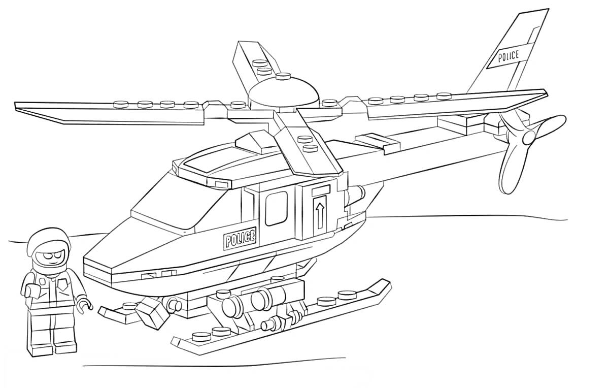 На раскраске изображено: Полицейский вертолет, Пилот, Вертолет, Летательный аппарат, Лего