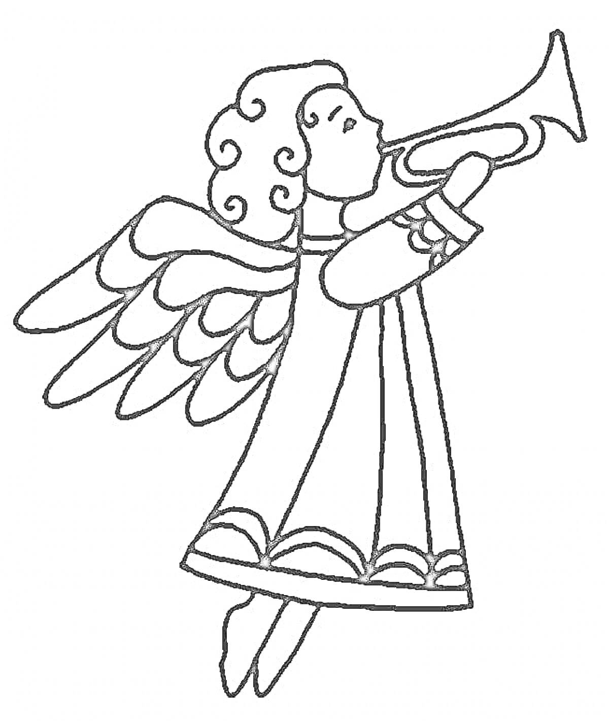 Раскраска Ангел с крыльями, играющий на трубе