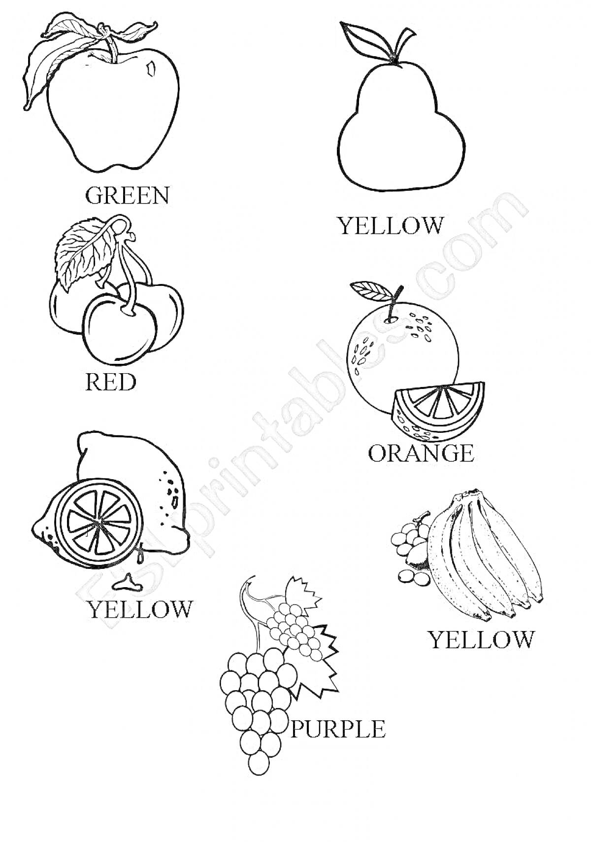 На раскраске изображено: Apple, Orange, Grapes, Green, Yellow, Red, Purple, Фрукты