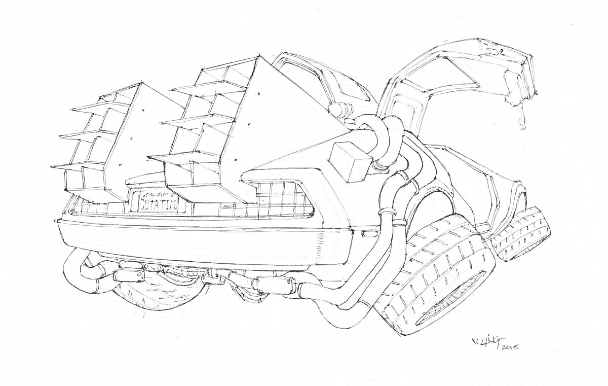 Раскраска Делориан машина с крыльями чайки и деталями для путешествий во времени
