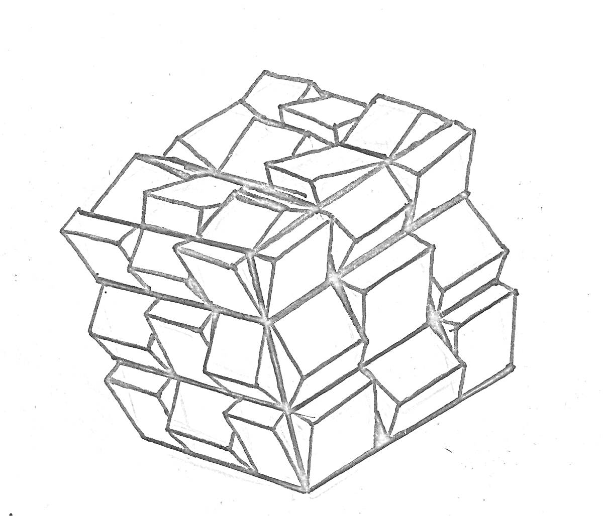 Раскраска Кубик Рубика с множественными неправильными кубическими элементами.