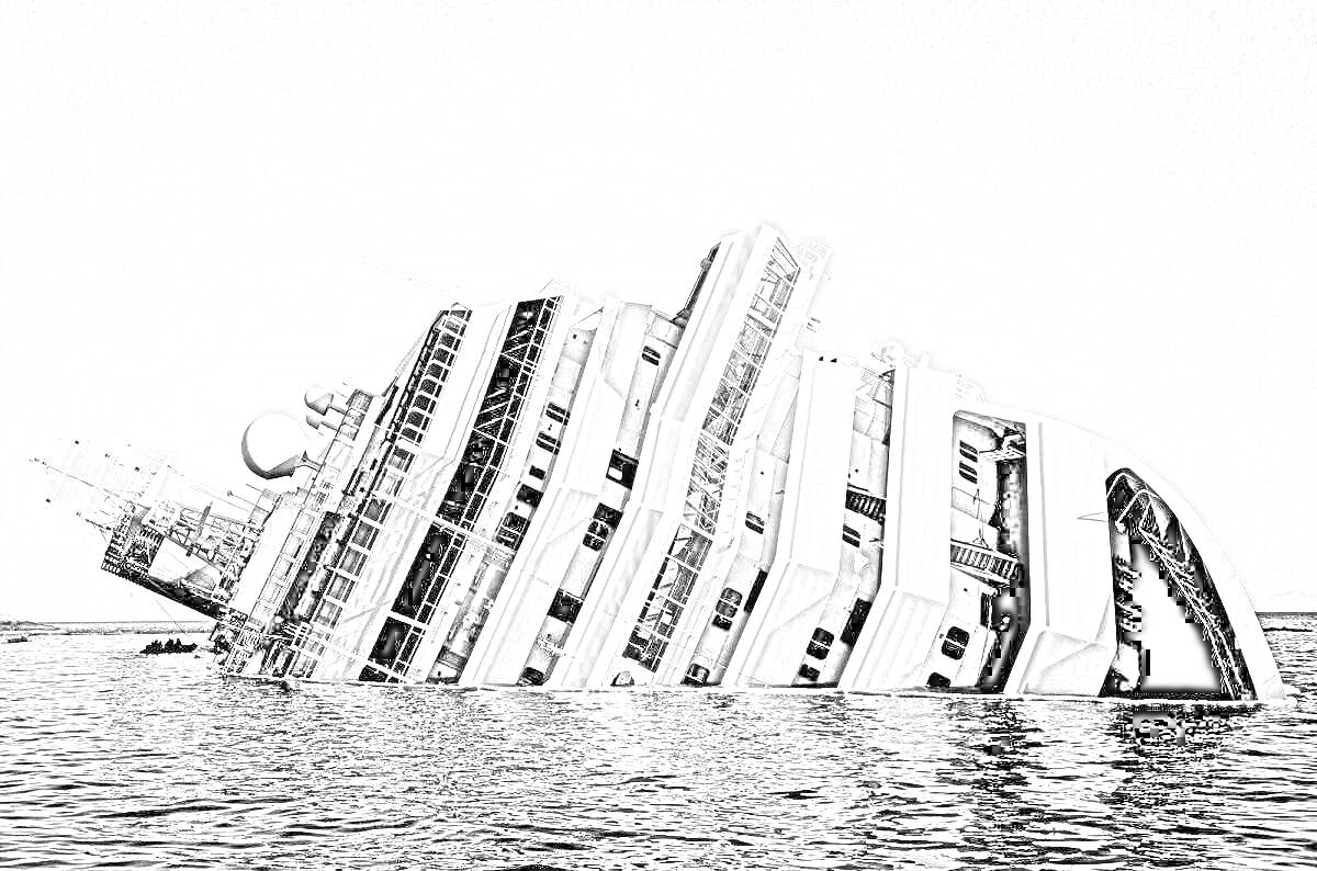 Раскраска Круизный лайнер Costa Concordia, лежащий на боку в воде