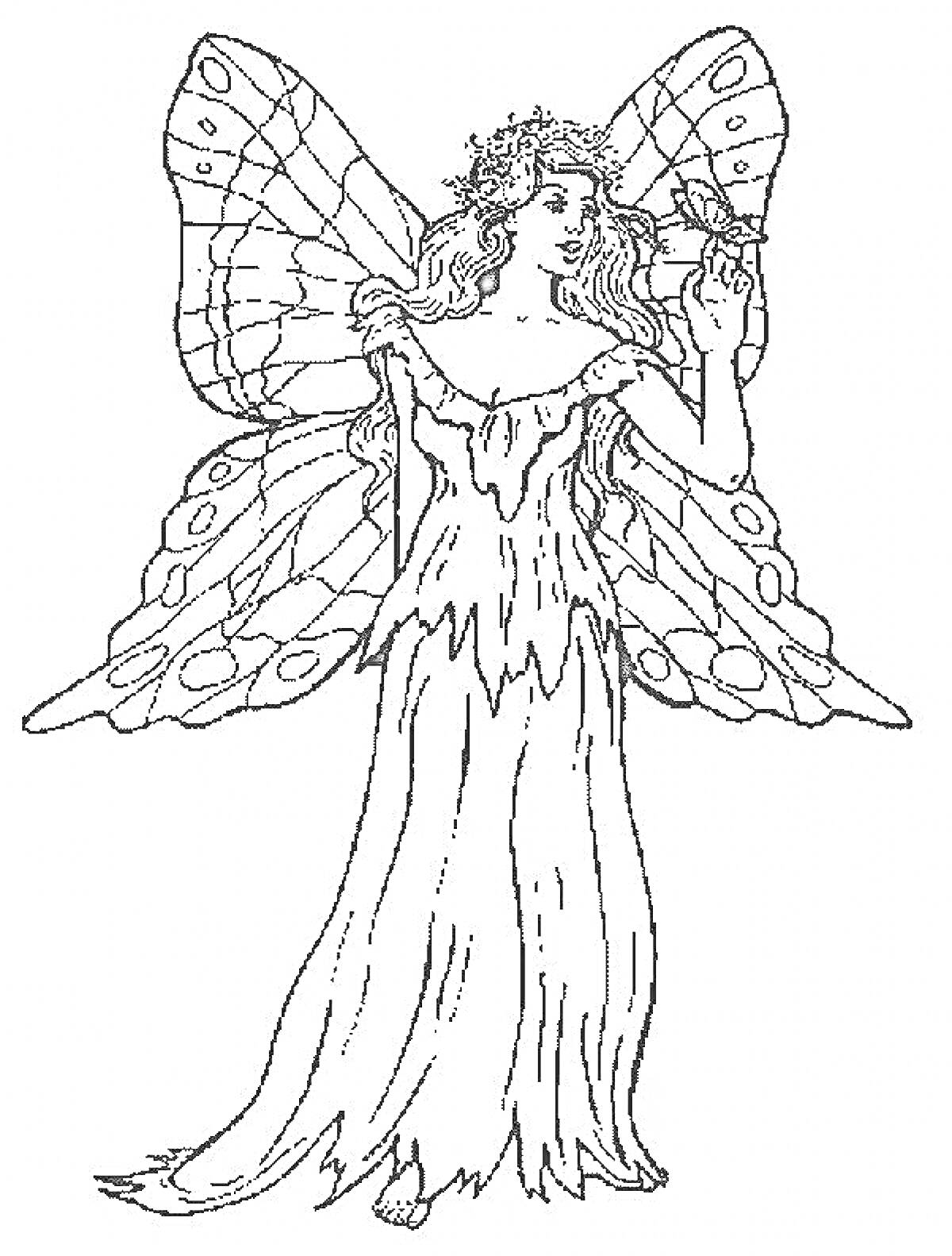 Раскраска Фея с крыльями, в длинном платье и короне, держащая бабочку