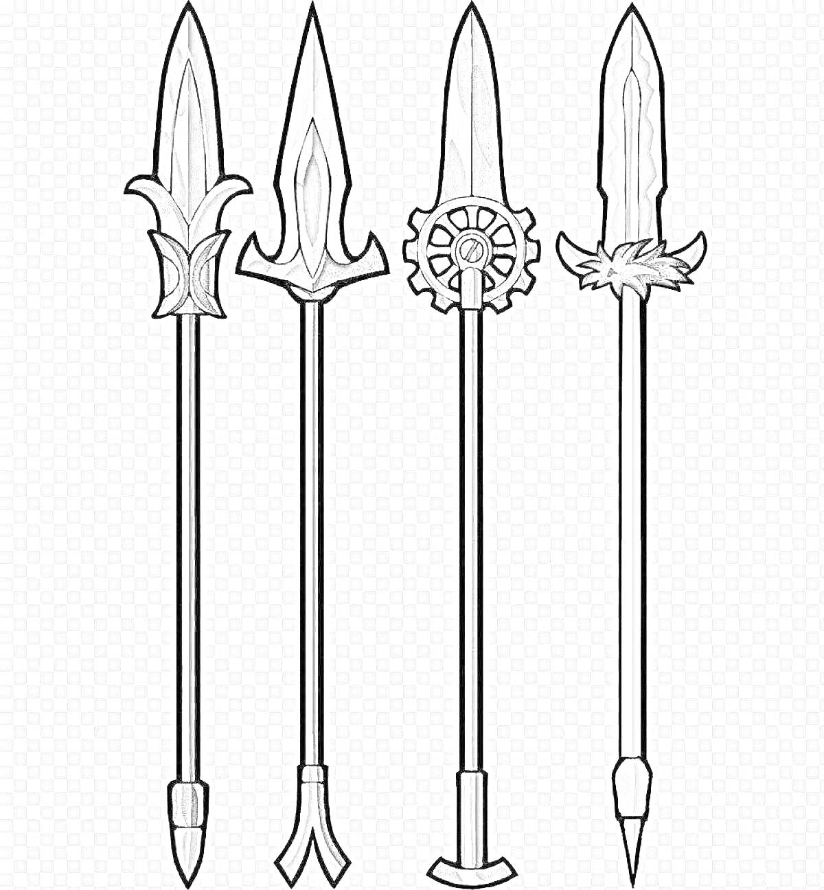 Раскраска четыре копья с различным дизайном, одно с украшением в виде шестеренки