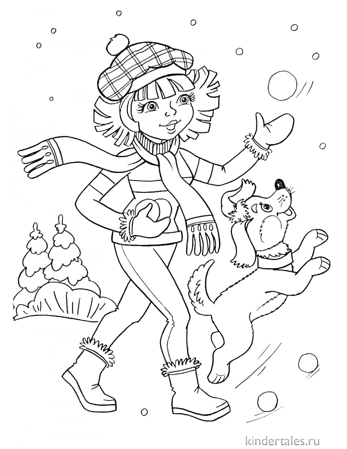 Раскраска Девочка и собака на снежной прогулке