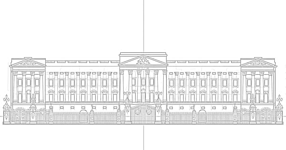 Раскраска Букингемский дворец (архитектурное чертежное изображение дворца с фронтальной стороны)