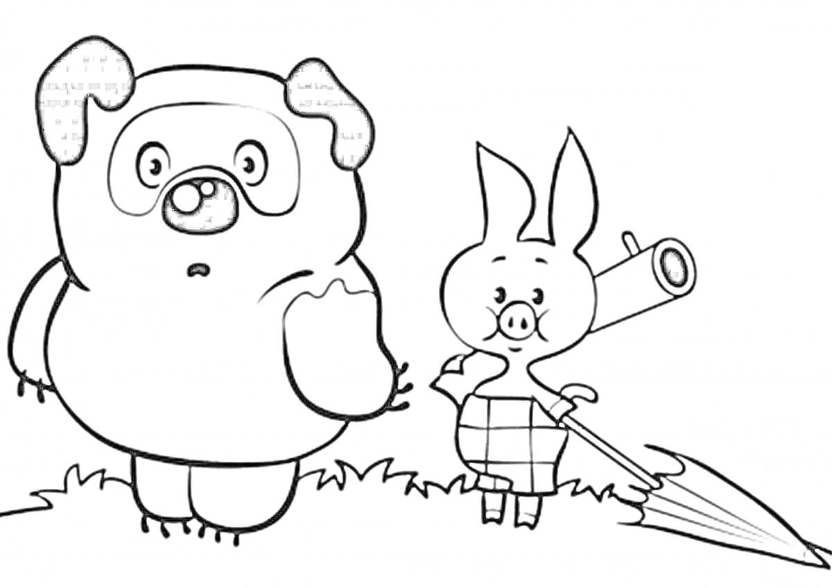 На раскраске изображено: Пятачок, Трава, Ружье, Зонт, Из мультфильмов, Два персонажа, Медведь