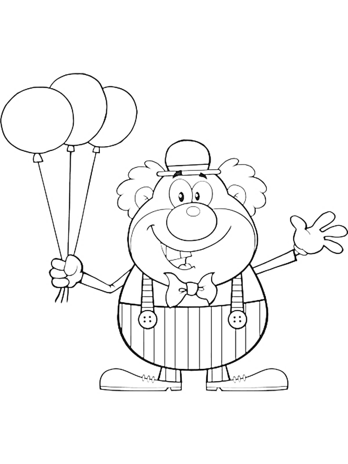 На раскраске изображено: Воздушные шары, Шляпа, Бабочка, Подтяжки, Герои мультфильмов, Клоуны