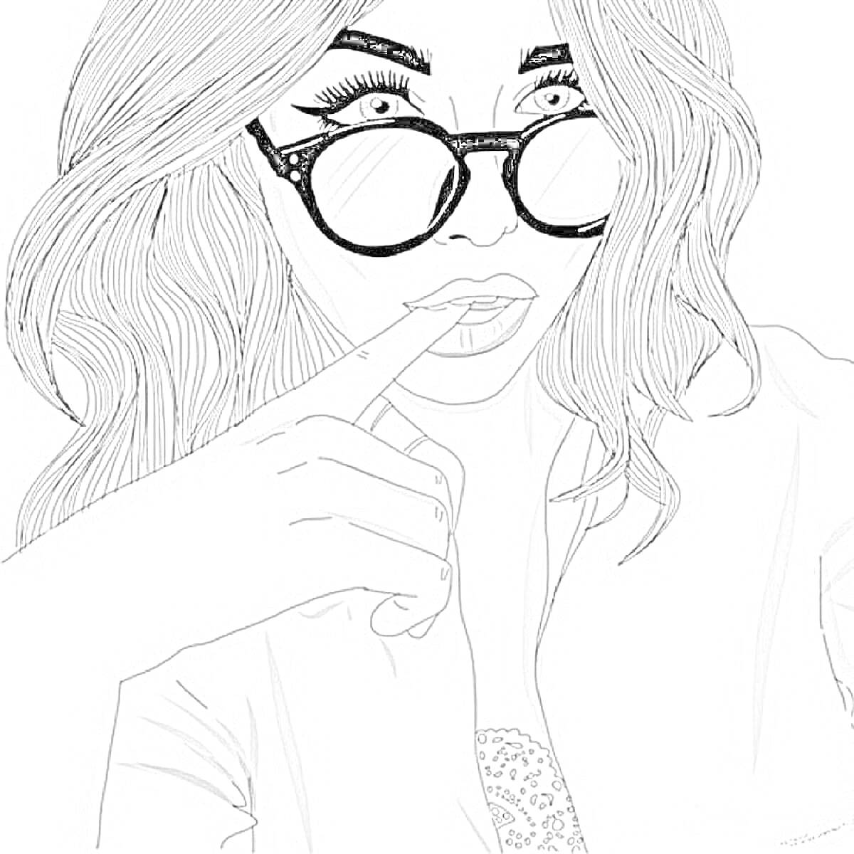 Раскраска Девушка с длинными волосами, в очках и с рукой у лица