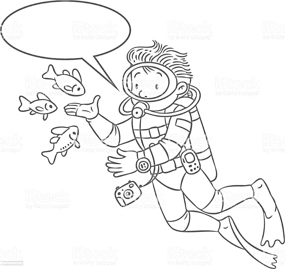 На раскраске изображено: Аквалангист, Подводное плавание, Камера, Подводный мир, Мальчик, Пузырьки воздуха