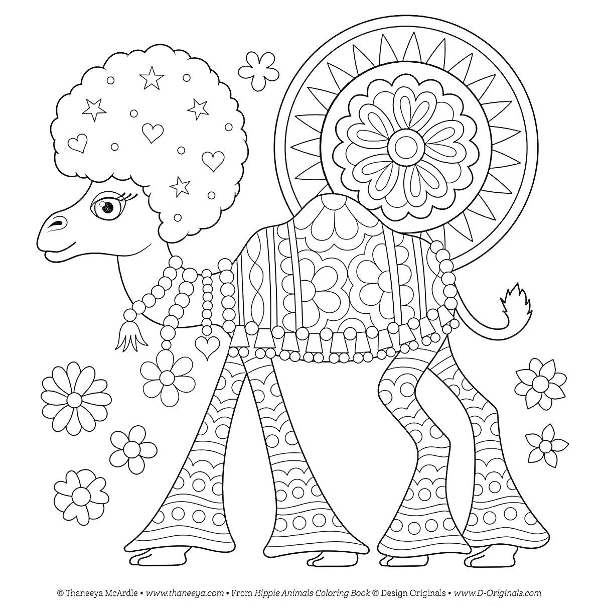 На раскраске изображено: Верблюд, Цветы, Узоры, Антистресс, Для детей, 6 лет, 7 лет