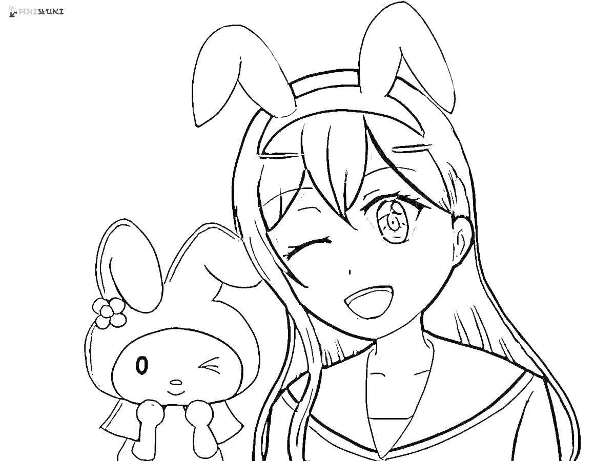 Раскраска Девушка с ушками кролика и кукла Мелоди с ушками