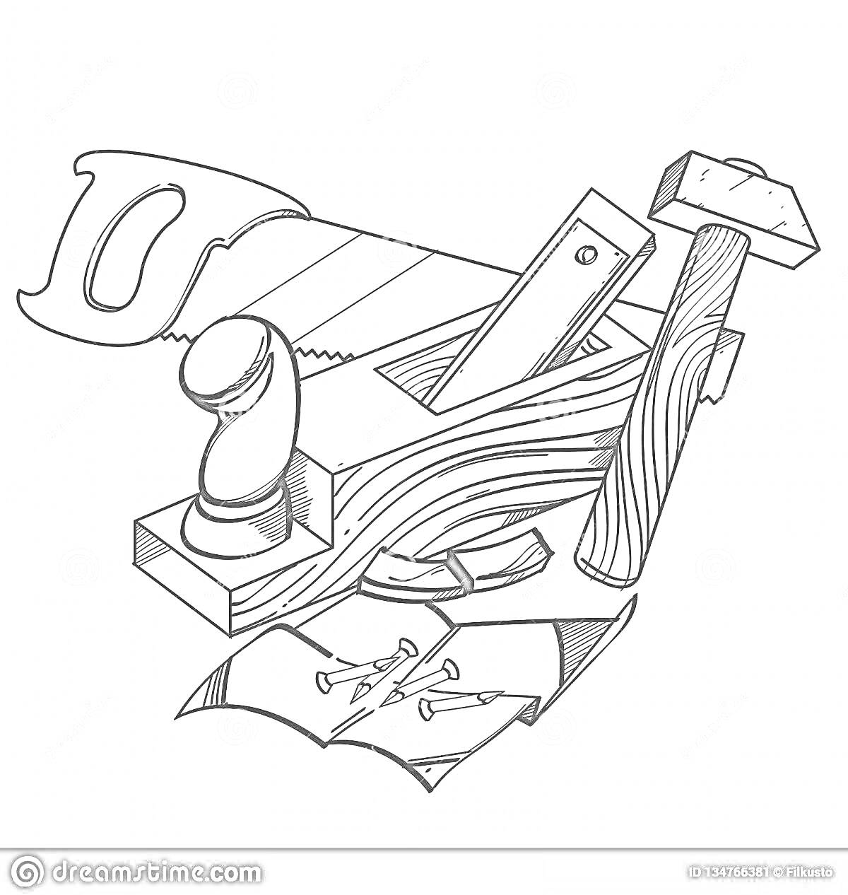 На раскраске изображено: Рубанок, Ручная пила, Угольник, Молоток, Инструмент, Деревообработка, Черно-белое искусство, Ремесло