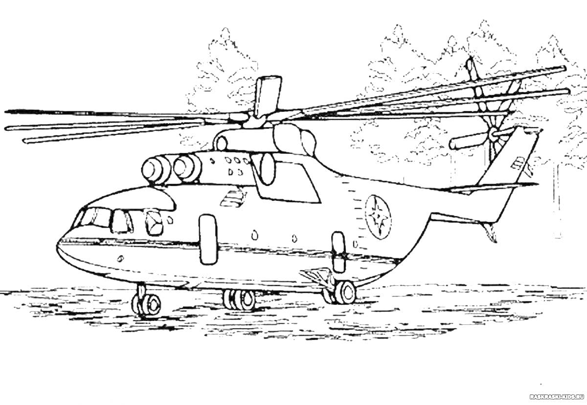 Раскраска Военный вертолет на земле с деталями кузова, рубкой, винтами и турелями, на фоне с деревьями