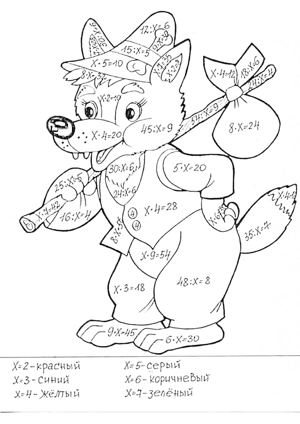 Раскраска Волк с мешками на палке решает примеры на умножение и деление