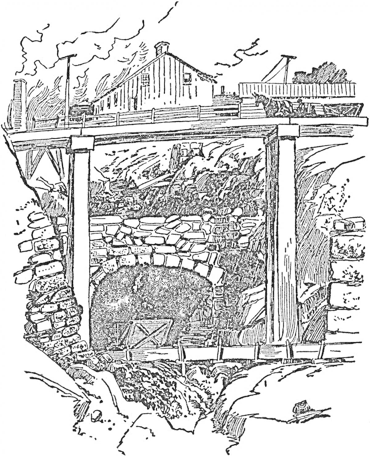 Старая шахта с деревянным мостом и каменной аркой