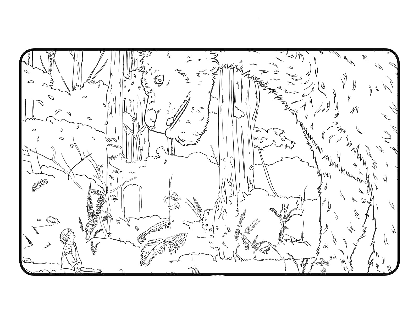 РаскраскаПит и его дракон в лесу: мальчик, дракон, деревья и кустарники