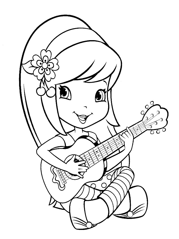 Раскраска Шарлотта Земляничка играет на гитаре, сидя на полу