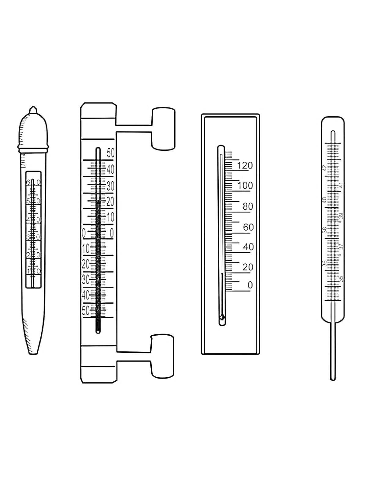Раскраска Четыре градусника различных типов: медицинский ртутный, оконный, барометрический и классический стеклянный