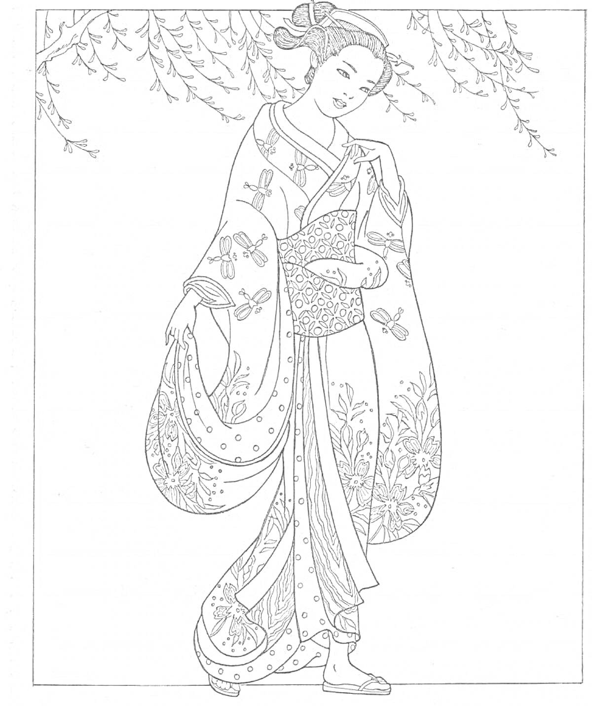 Раскраска Японка в кимоно под ветвями дерева
