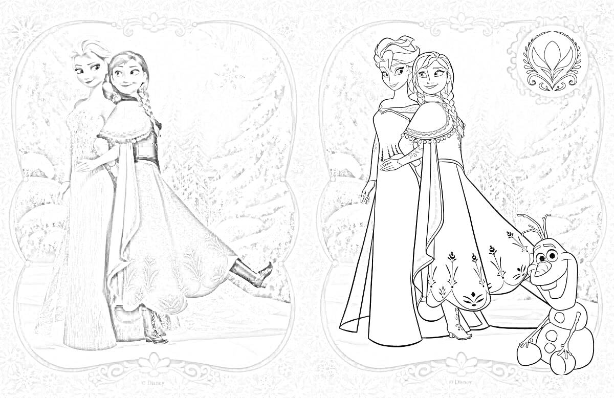 Раскраска холодное сердце - Эльза, Анна и снеговик Олаф на фоне зимнего пейзажа