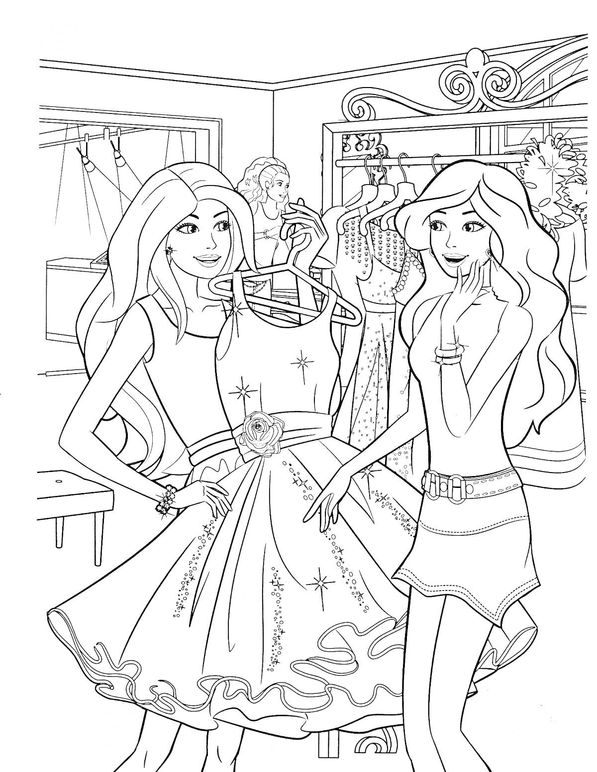 Раскраска Барби с подругой выбирают платье в магазине, полки с одеждой и вешалки на заднем плане, стенд с платьями