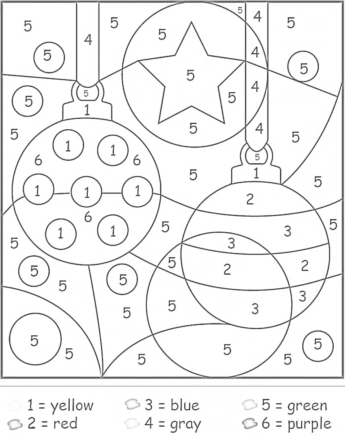 РаскраскаНовогодняя раскраска с игрушками на елке: звезда, шар с кругами, шар с волнами