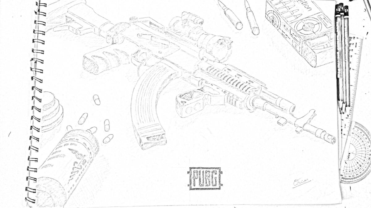 На раскраске изображено: Штурмовая винтовка, Патроны, Граната, PUBG, Оружие, Тетрадь, Карандаши