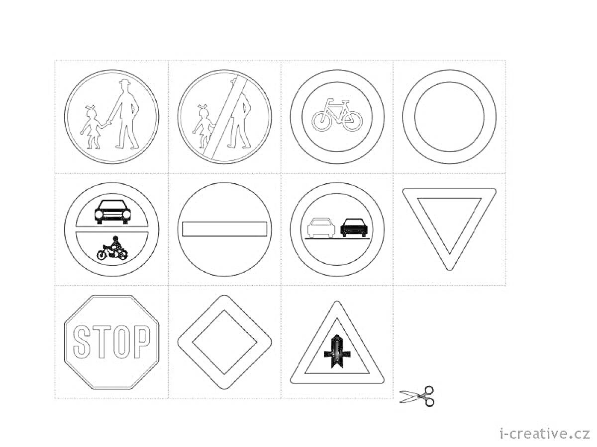 Раскраска - дорожные знаки для детей, включающая пешеходный переход, переход запрещен, велосипедисты, пустой круг, автомобиль, въезд запрещен, двустороннее движение, уступить дорогу, мотоциклист, знак STOP, основной указательный знак пустой, нерегулируемы