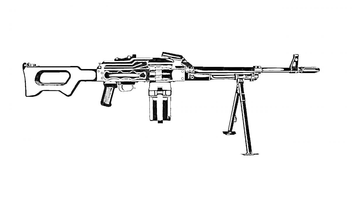 Раскраска Пулемет со складным прикладом, сошками и магазином
