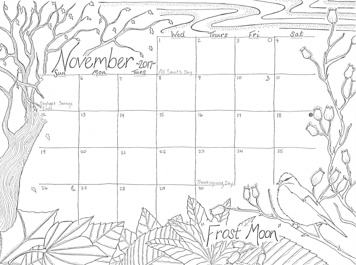 На раскраске изображено: Ноябрь, Календарь, Листья, Природа, Осень, Птица, Ветка