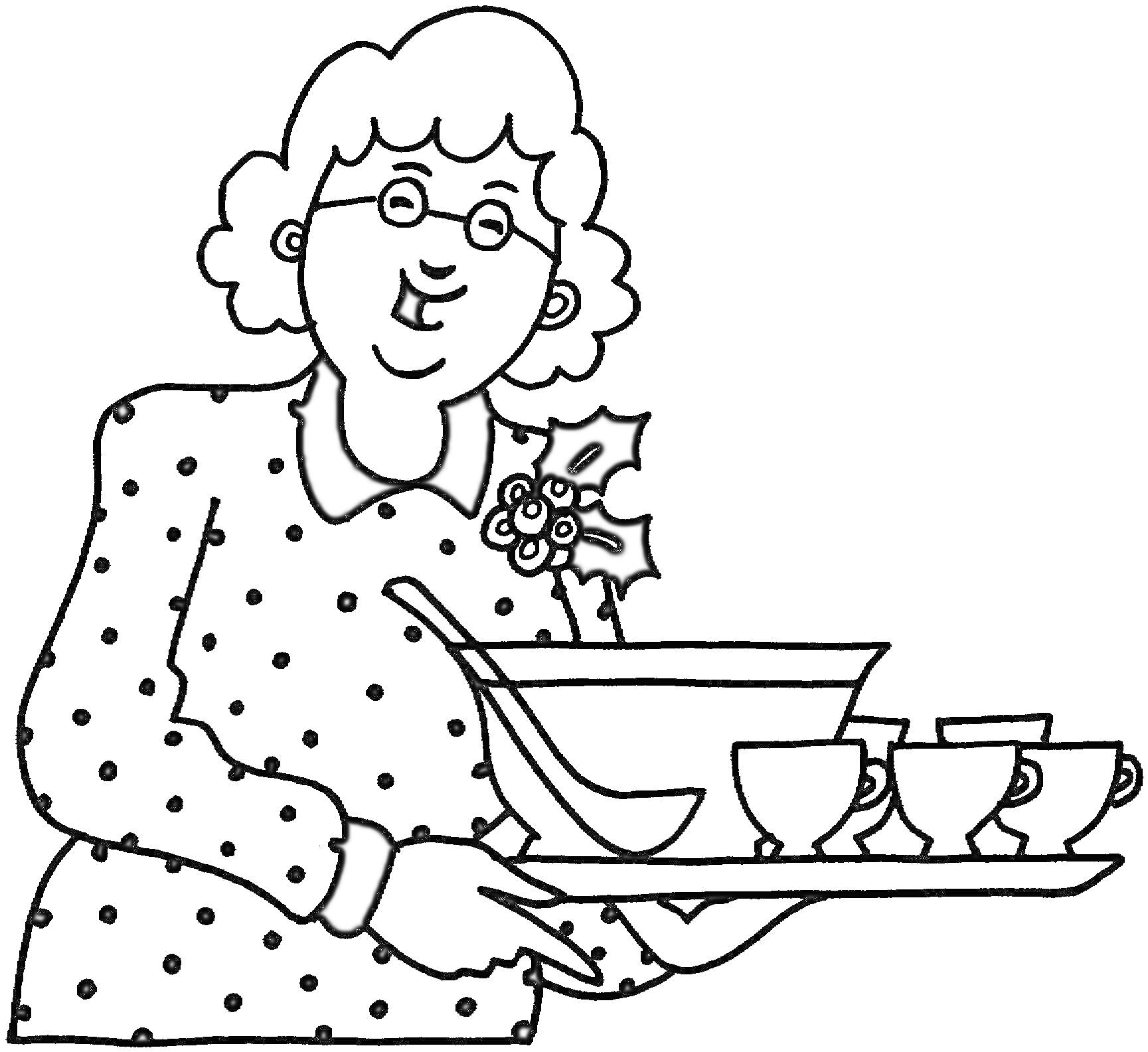 Раскраска Бабушка в очках с подносом, полным посуды