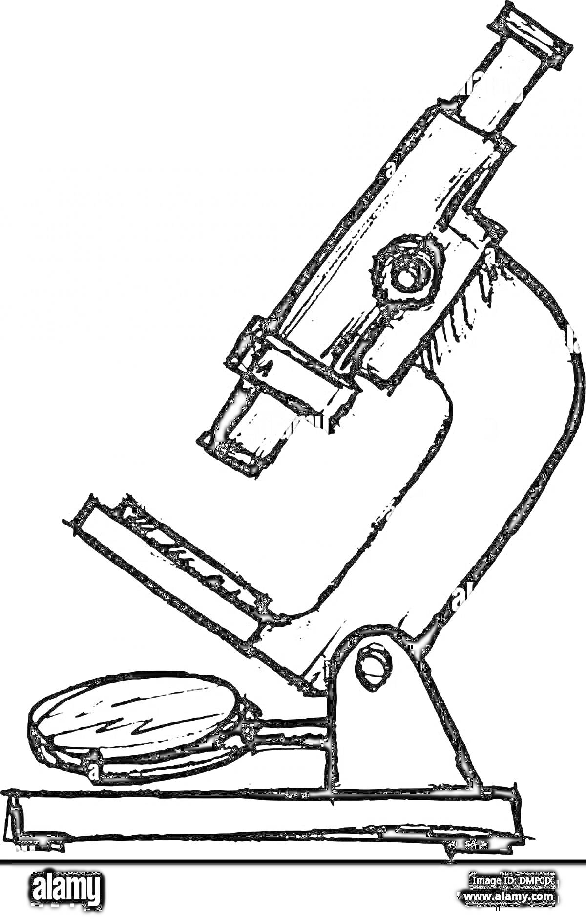 На раскраске изображено: Микроскоп, Для детей, Научное оборудование, Окуляр, Револьвер, Основание