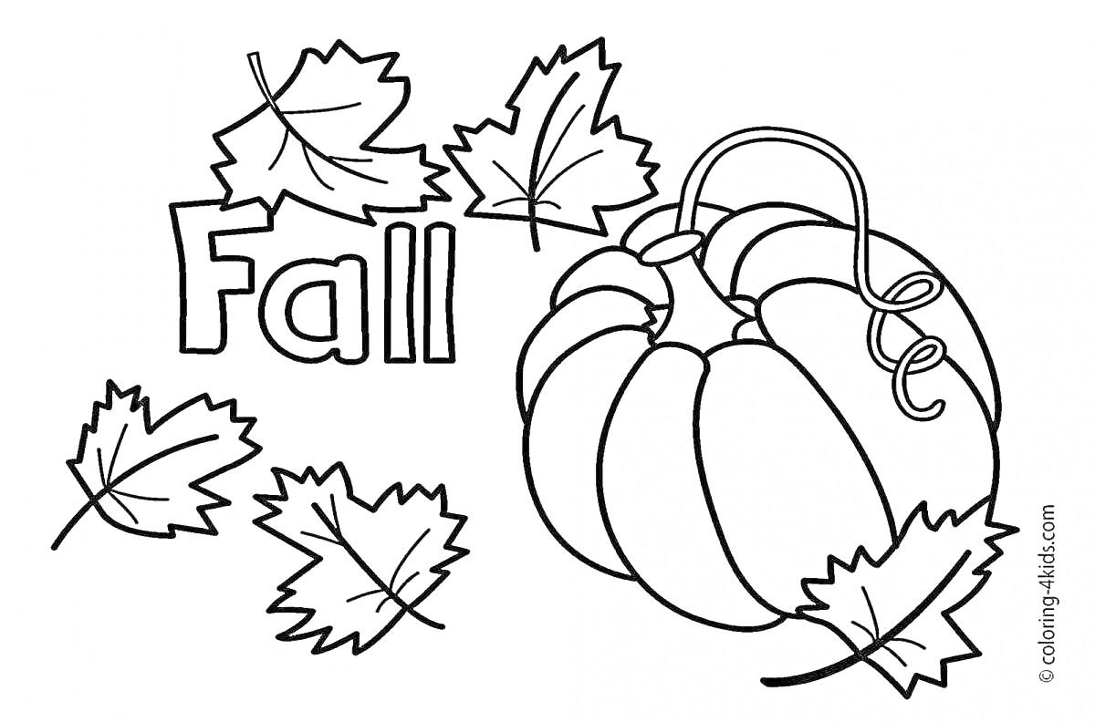 На раскраске изображено: Осень, Тыква, Листья, Кленовые листья, Слова