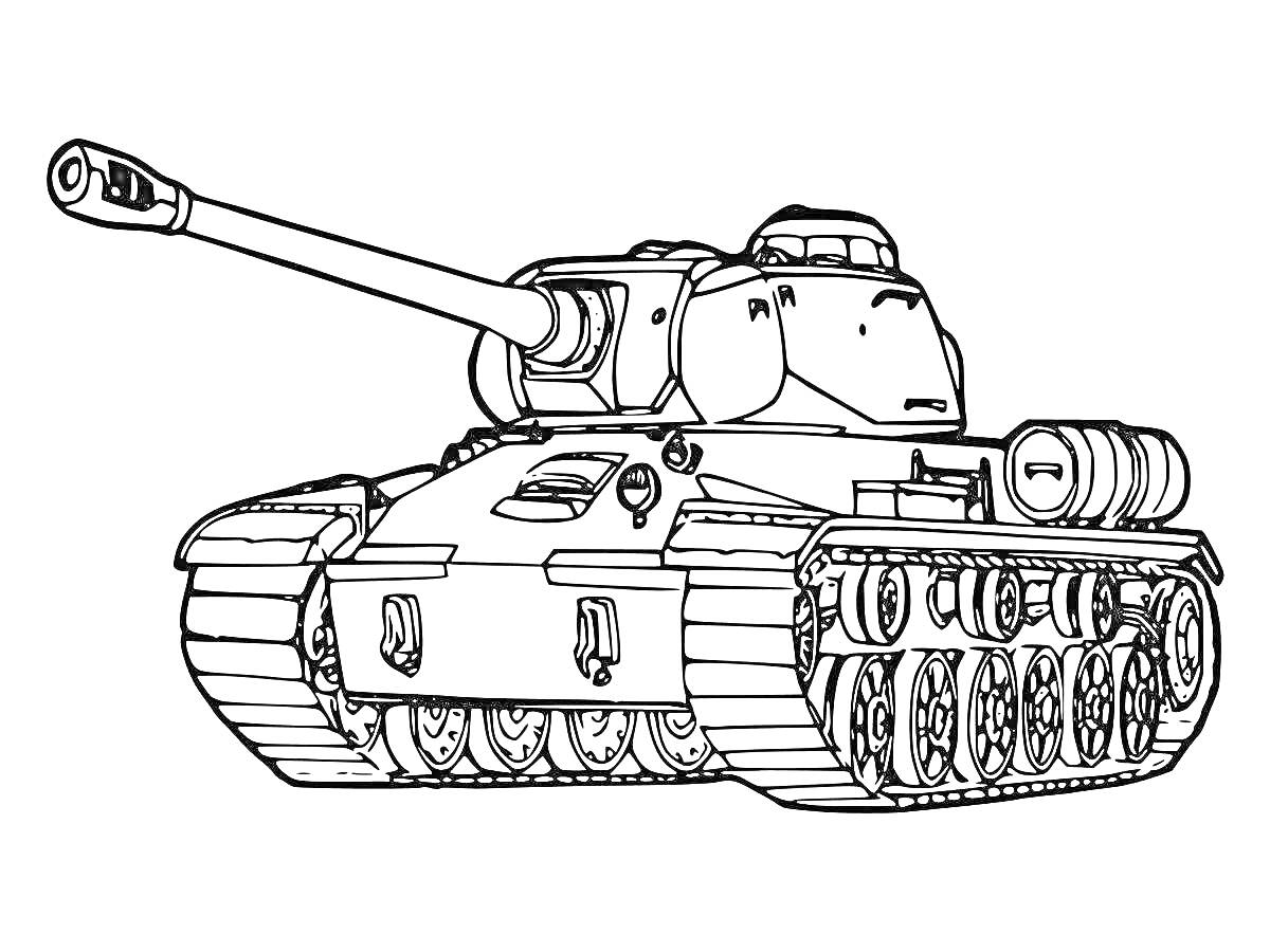 На раскраске изображено: Танк, Военная техника, Гусеницы, Пушка, Оружие, Броня