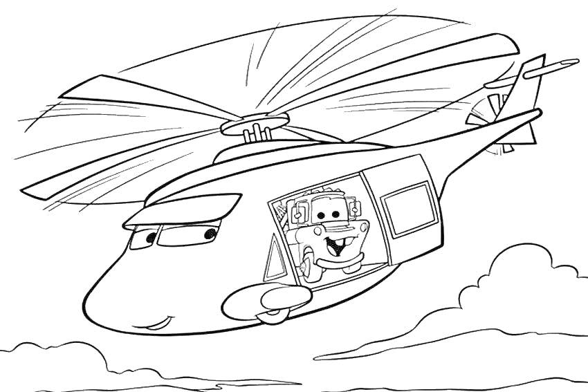 Вертолет с улыбающимся пилотом в кабине, летящий над облаками