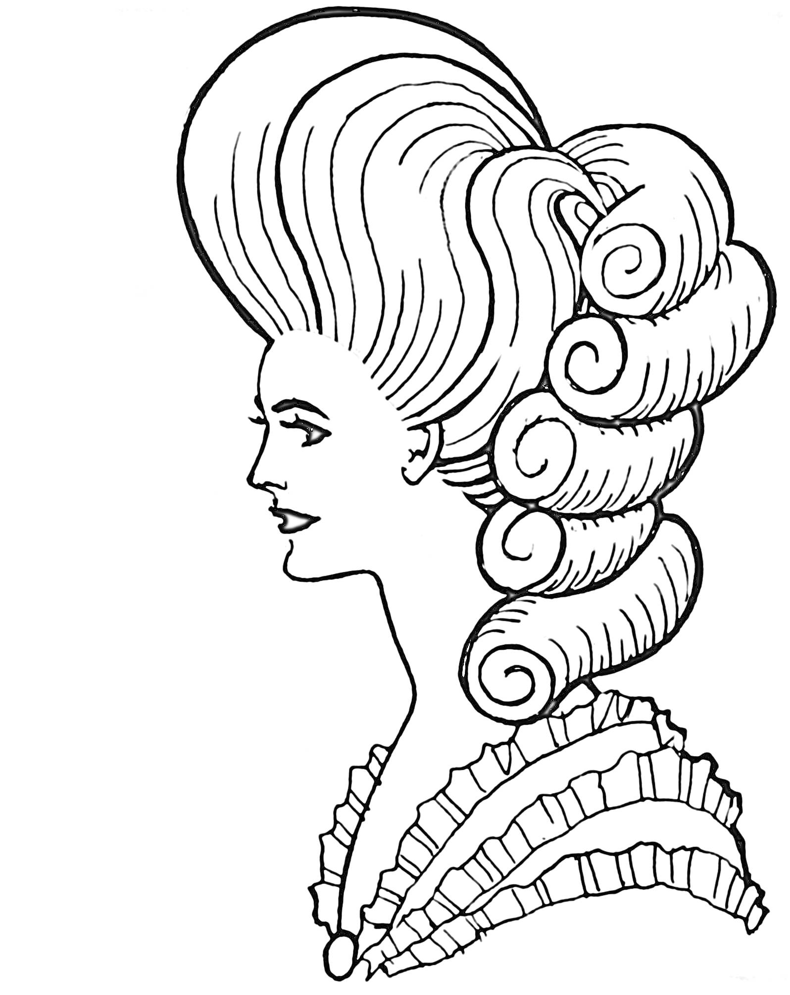 Раскраска Женский профиль с высокой прической, волнистые локоны, платье с оборками