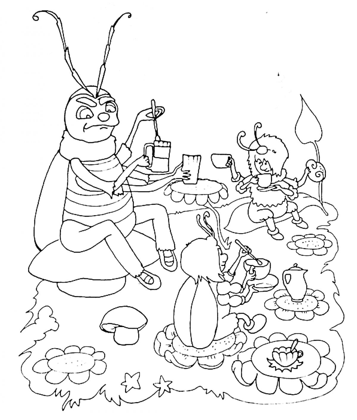 Раскраска Муха-Цокотуха с друзьями на пикнике - муха, муравей и другой жук сидят за столами с цветочными скатертями, угощаются чаем и пирогом, вокруг растут грибы и цветы.