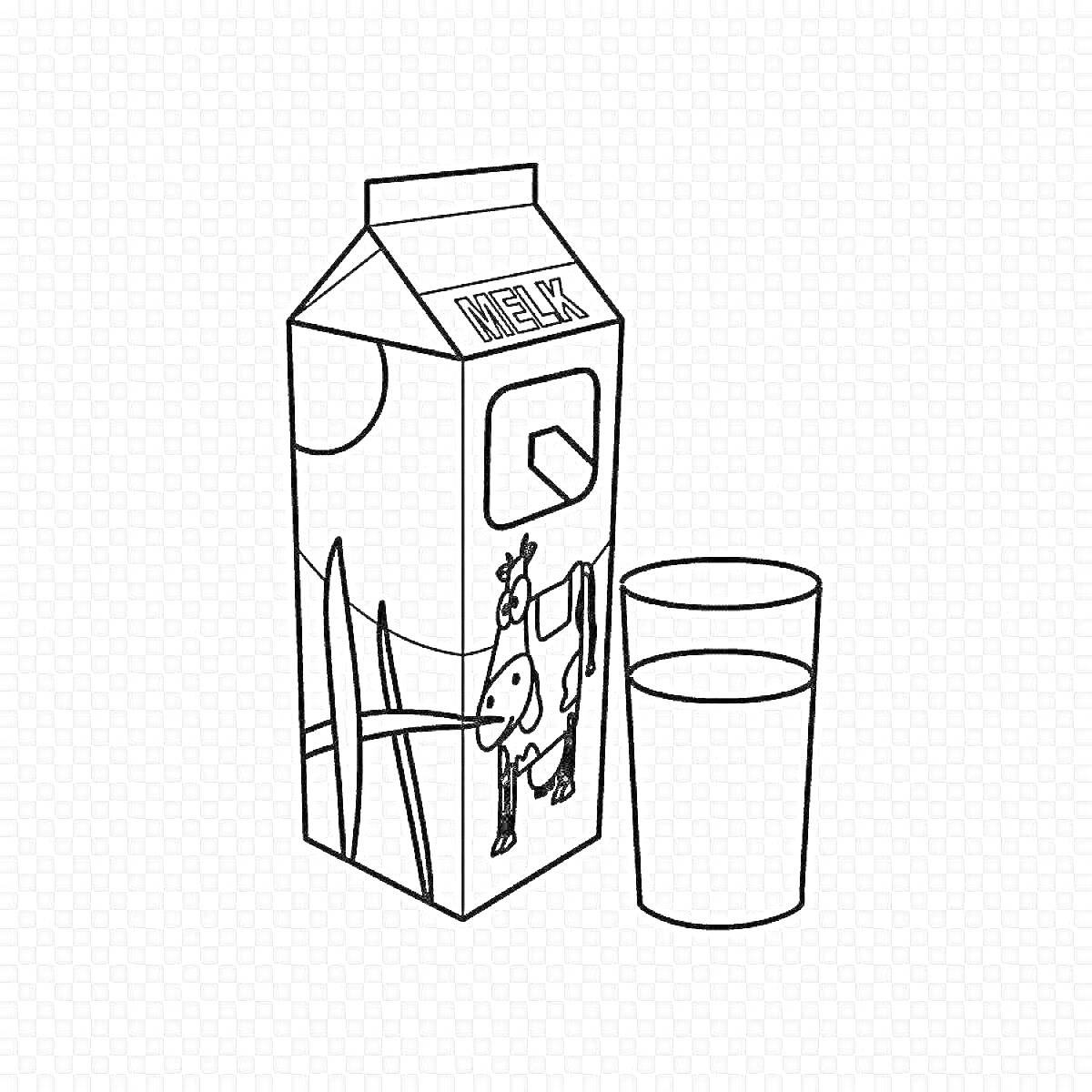 Раскраска Упаковка молока с изображением коровы и стакан с молоком
