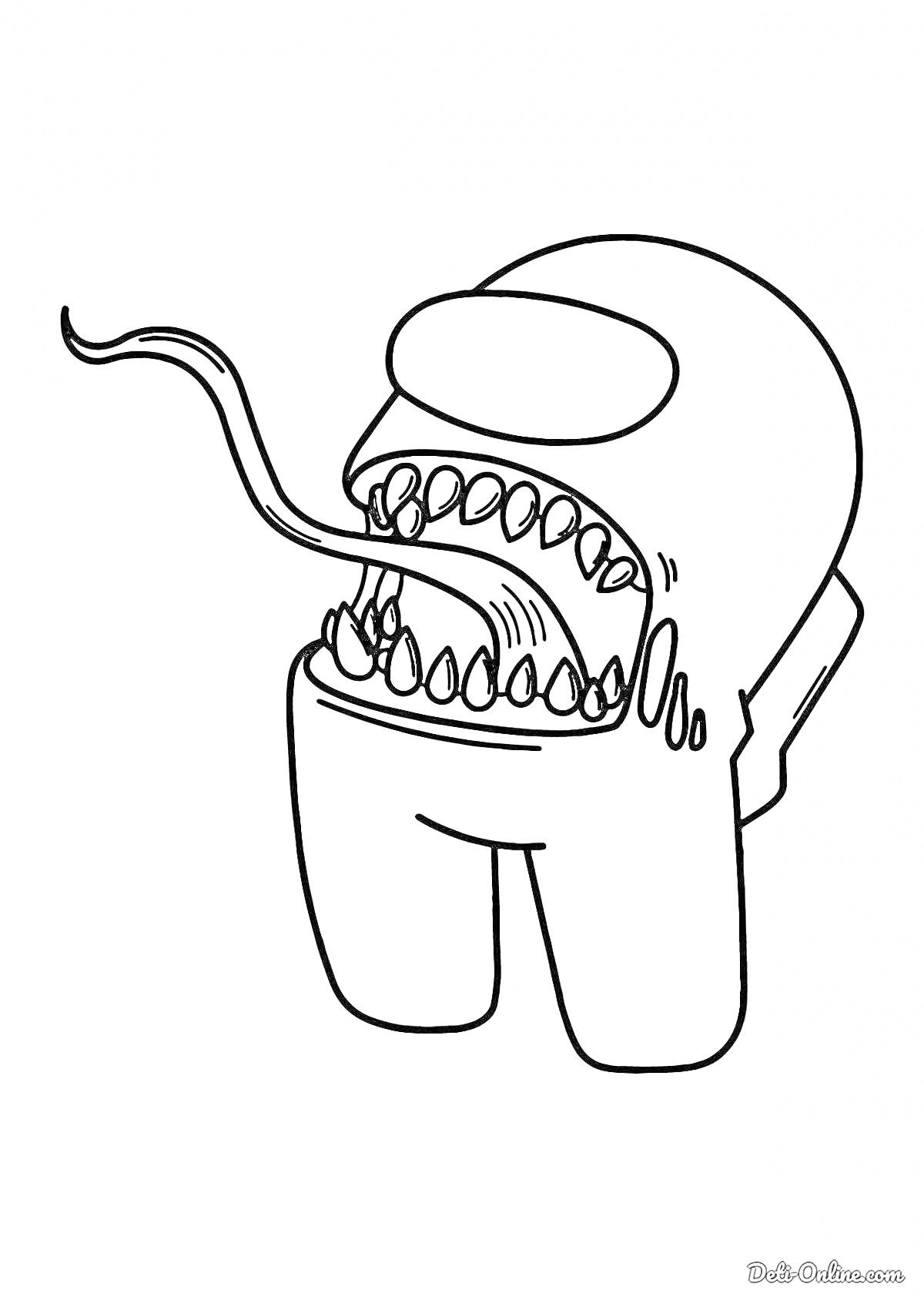 Раскраска Персонаж Among Us с длинным языком и открытыми зубами