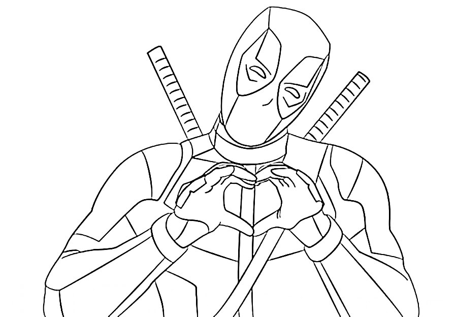 Раскраска Персонаж в маске с двумя мечами за спиной, складывающий руки в форме сердца